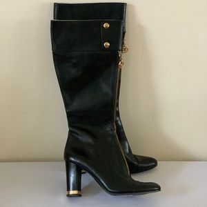 Bellofatto Black Leather Tall Boots Gold Trim Size 10